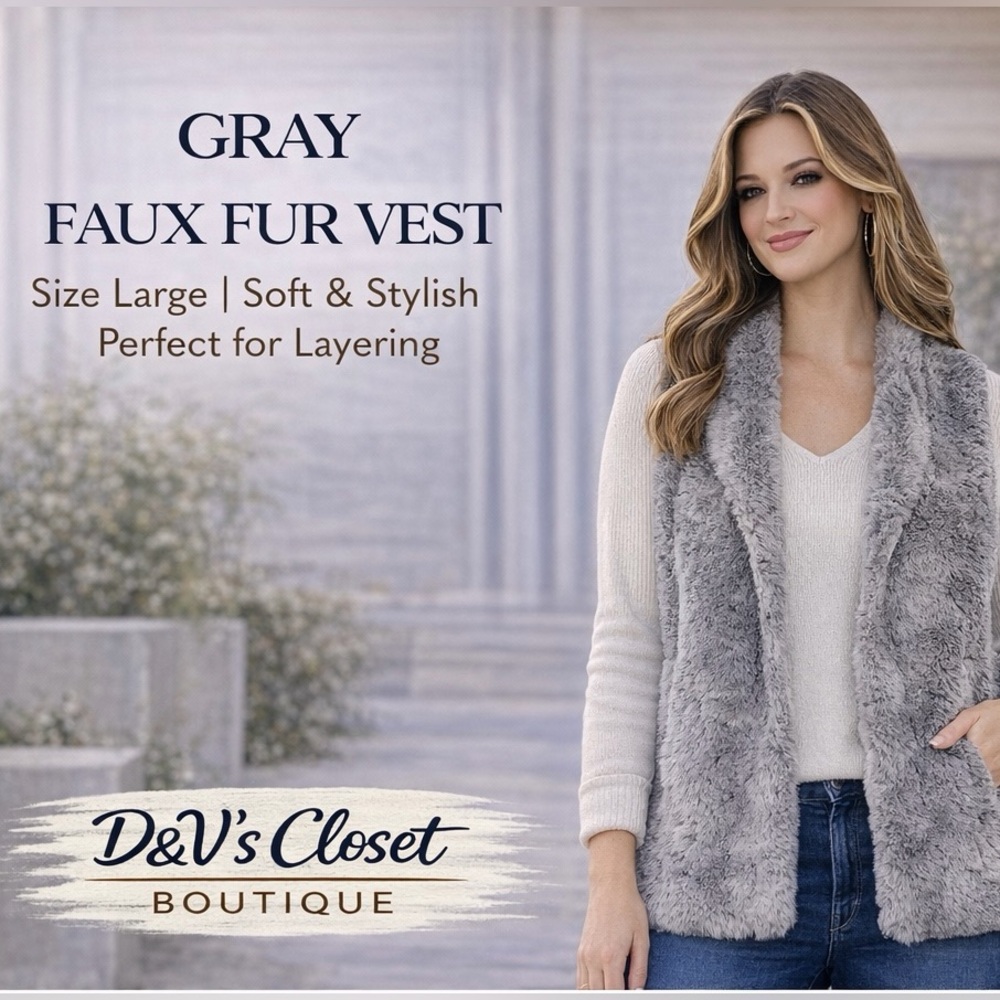 Gray Faux Fur Vest Size Large Soft Plush Layering Cozy Chic